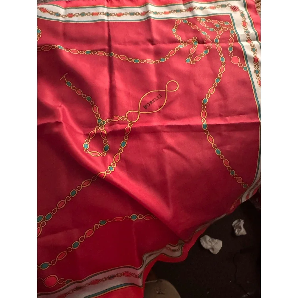 Borelli Italy Red Square Scarf Chain Link Equestrian Print Polyester Neckerchief